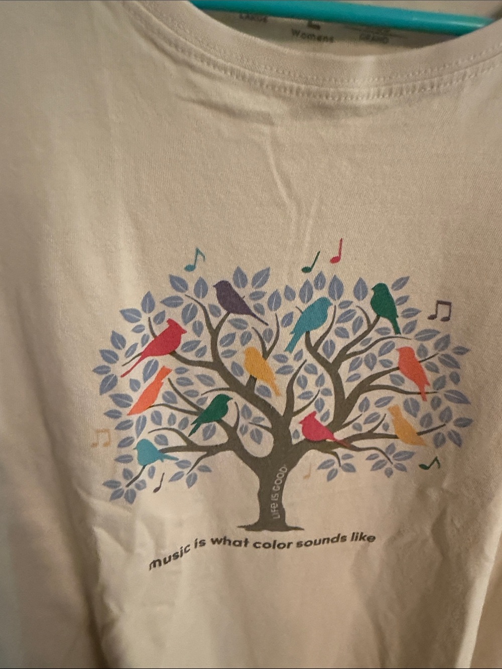 Life Is Good Cream Tee with Singing Bird in Tree Graphic, size L - Picture 3 of 5